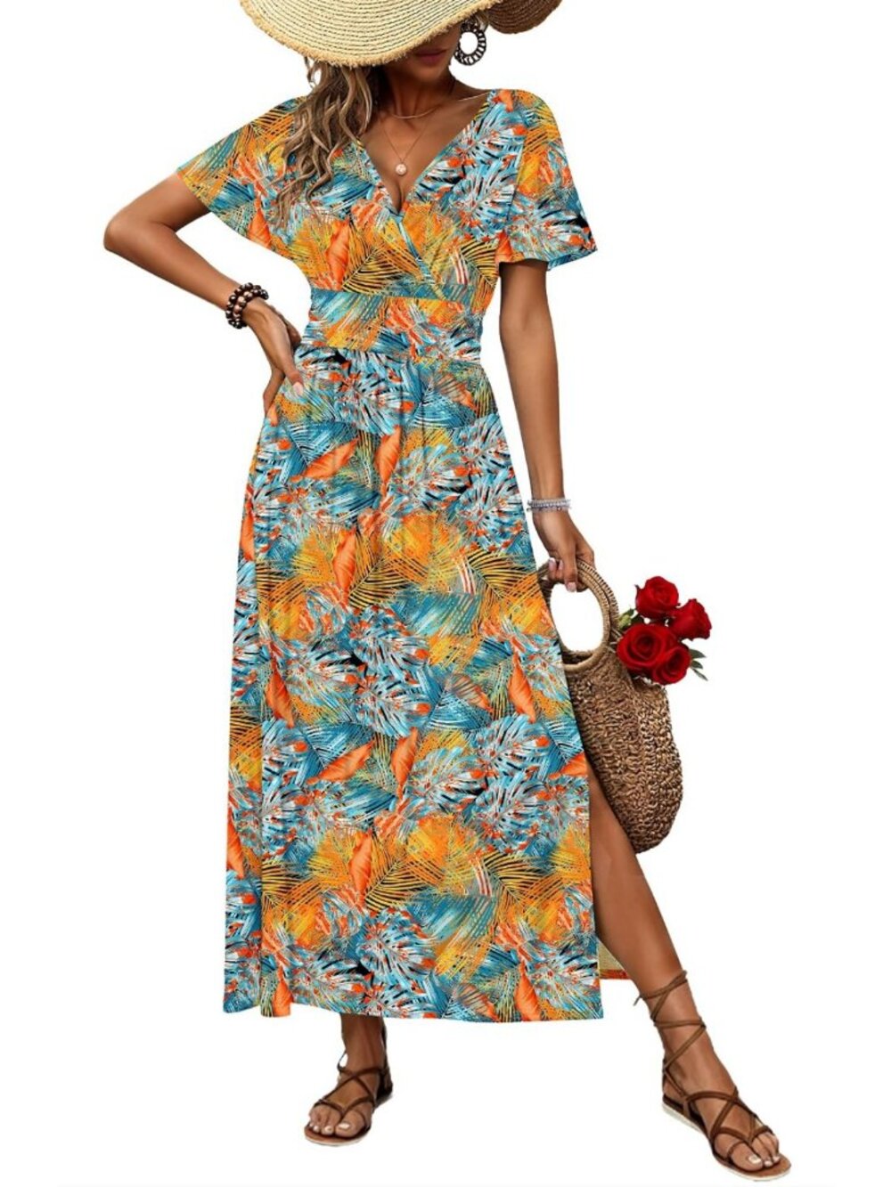 Maxi Dress with V Neck, Flutter Sleeves, Side Slit & Pockets - Summer Style